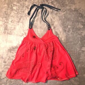 Yes y2K Babydoll‎ Halter Top Girls Size S 6/6X Coral Pink Denim Ties Cotton Boho